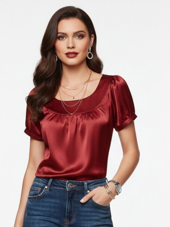 Rampage Tops - Rampage Red Satin Peplum Short Sleeve Top - Medium